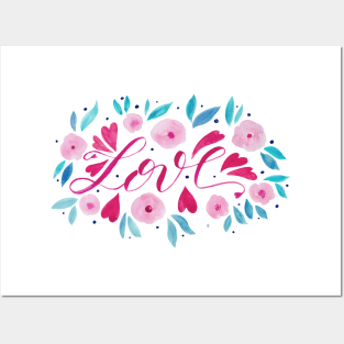 Love and flowers - pink and turquoise Posters and Art